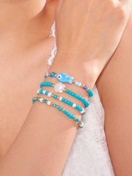 4 Bohemian Tropical Ocean Shell Small Fish Decorations Handmade Blue Beads Bracelet Women's Beach Va