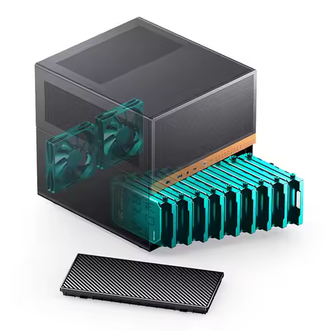 JONSBO N6 9-bay NAS Case MATX Motherboard/Dual Power Supply Bays/Walnut Wood Finish/240mm Radiator B