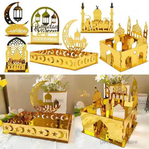 Acrylic Eid Mubarak Food Tray Ramadan Tabletop Decoration Hollow Moon Castle Islam Muslim Party Supp