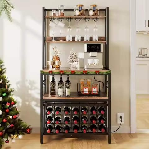 Kitchen Microwave Bakers Stand with Wine Rack, Small Storage Shelves for Liquor Bottle Glasses Power