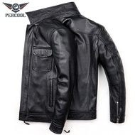 Jaket Kulit Tulen untuk Lelaki, Kulit Lembu Lapisan Atas, Kolar Turn-down Kasual, Jaket Kulit Kulit 