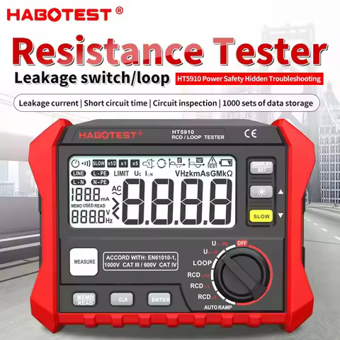 4.7-inch Large LCD Digital Resistance Meter HT5910 HT2302 RCD/Loop Tester with 1000 Data Storage 0~4