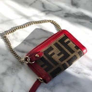 【 日本直送　名牌中古包 】FENDI フェンディ ズッカ FFロゴ レザー チェーン コインケース ピンク×ブラウン vintage h7tarh