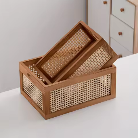 Boho Style Rattan Wooden Storage Basket - Hand-woven Rectangular Shelves for Home Storage