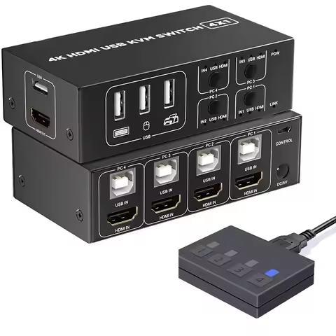 4 Port HDMI KVM Switch 4 in 1 out 4K 60Hz HDMI USB Switch Selector with Desktop Controller for 4 PC 