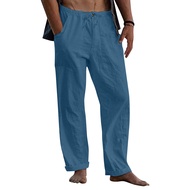 RUISYI MALL เสื้อผ้าลินินสำหรับผู้ชาย,กางเกงขายาวผ้าลินินธรรมชาติสวมใส่สบายคุณภาพเยี่ยมกางเกงสีล้วนมีกระเป๋าผ้าลินิน