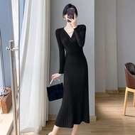 2024 Womens long Dresses Autumn Sleeve Sweater Knitted Dress Korean Party  Womens Clothing Blue Long