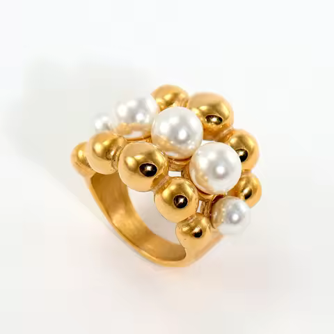 New Stainless Steel Chunky Gold Plated Ball Faux Pearls Ring Women Statement Big Large Rings Hyperbo