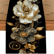 1pc Elegant Black And Platinum Floral Table Runner - Durable Polyester Material, Suitable For Holida