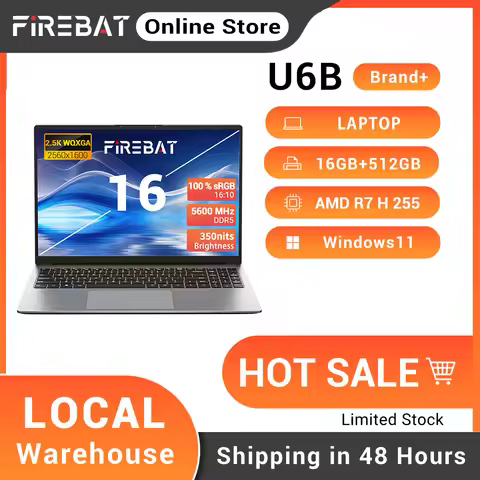FIREBAT U6B Laptop AMD Ryzen7 H 255 DDR5 16GB RAM M.2 PCIe 512GB SSD 16Inch 2.5K 120Hz Screen WiFi6 