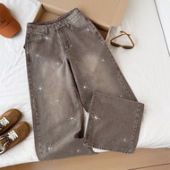Women's Casual Distressed Rhinestone Embellished Wide Leg Jeans Sparkling Stone Embellished Brown Je