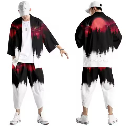 Japanese Traditional Clothing Forest Moon Print Kimono Pants Men Asian Fashion Tang Suit Harajuku Ha
