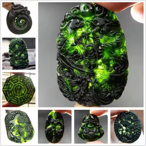 Charm Natural Black Green Stone Jade Carved Chinese TaiJi BaGua Tiger Dragon Lucky Pendant Amulet Ro