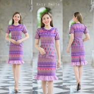 เดรสผ้าไหมแกมฝ้าย พิมลาย คอบัว แต่งระบายชายหางปลา อัดกาวทั้งชุด สวยน่ารักสุดๆ (S-2XL) KS445