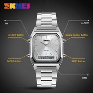 SKMEI Jam Tangan Pria Rantai Stainless Silver Anti Air Digital Analog Dual Time LED Kotak Men Watch