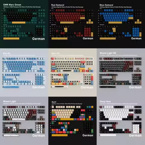 German PBT Cherry Keycaps ISO Layout Retro EVA00 Mixed Light Deep well Mars Green Red Blue Samurai F