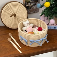 Cute Cotton Thread Woven Storage Basket Home Storage Sundries Storage Basket with Lid Desktop Anti-d