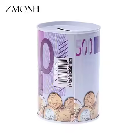 Tinplate Cylinder Piggy Bank Euro Dollar Picture Box Household Saving Money Box Home Decoration Mone