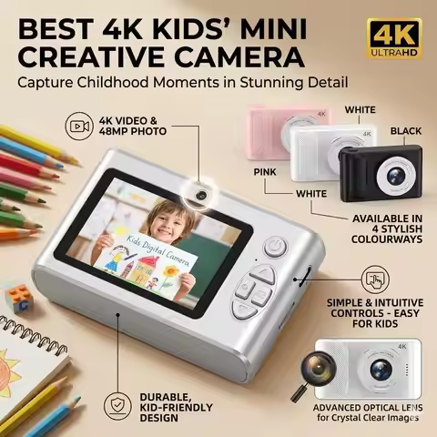 4K Digital Camera 44MP 2.4'' Screen 4X Zoom Auto Focus Mini Cam Portable Student Camcorder for Photo