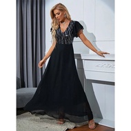 Amazon 2021 Black SequinsความยาวปานกลางSimple Glitterชุดกระชับสัดส่วนชุดราตรีผู้หญิงอย่างเป็นทางการพ