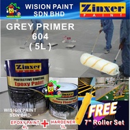 PRIMER 604 GREY ( 5L ) 5 Liter ZINXER Two Pack Epoxy Floor Paint ( FREE 7" 1 SET ROLLER PAINTING ) - 4 Liter + 1 Liter