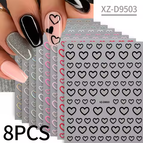 8/6Pcs Valentine's Day Nail Art Stickers 3D Black White Pink Red Love Heart Nail Decals DIY Adhesive