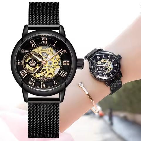 ORKINA Fashion Automatic Women Watch Skeleton Mechanical Black Stainless Steel Mesh Bracelet Luxury 