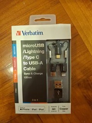 Verbatim 3合1 microUSB/Lightning/Type C to USB-A 充電線