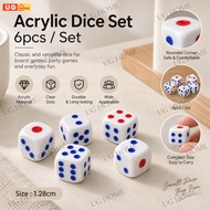 UG White Acrylic Dice 6pcs Set 1.28cm Round Corner Dadu Six Sided Dice Board Game Party Educational 