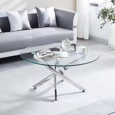 Luxury 35.4 Clear Tempered Glass Coffee Table with Silver Pedestal and Stainless Steel Legs for Livi