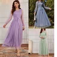 Dobby Mesh Bishop Sleeve Belted Maxi Dress