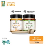Radiant Honey Set [Organic Kanuka Honey + Organic NZ Bush Honey (125g) with Mini Wood Honey Dipper]