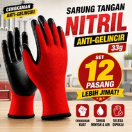 Glove Kerja 12 Pasang 33g Nitril Hitam Anti Slip, Benang Merah Untuk Bengkel, Gudang, Kebun, DIY & K