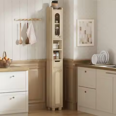 69 H Tall Bathroom Storage Cabinet with 2 Doors amp 1 Drawer, Narrow Adjustable Shelves amp PullOut 