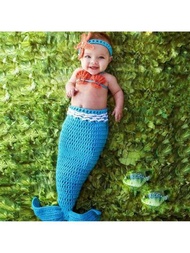 嬰兒攝影服裝美人魚造型手工針織道具套裝,適用於影樓拍攝新生兒裝扮照片道具