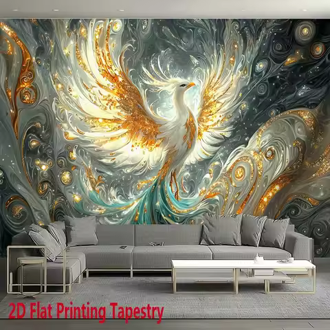 2D Flat, 1pc Golden Phoenix Mythical Bird Fantasy Art Tapestry Majestic Wall Decor Living Room Sofa