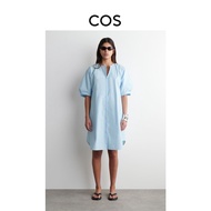 ชุดเดรสคอโปโลสีน้ำเงิน สไตล์ลำลอง ฤดูใบไม้ผลิ 2025 เสื้อผ้าผู้หญิง COS ชุดเดรสแขนยาวคอโปโลสีพื้นผ้าฝ