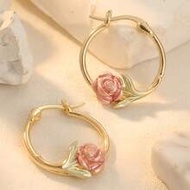 Chic French Vintage Pink Rose Earrings Detailed 3D Blossom Leaf Pendant Hoops Romantic Fairycore Cot