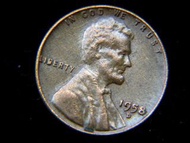 銅幣-United States-1958年美國林肯總統(Lincoln)像麥穗壹仙(Cent)銅幣(D標記)