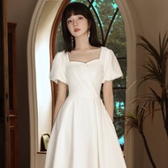 Teris Pure สีขาว เดรส เรียบหรู สูง เอว กระโปรงทรงเอ แขนสั้น ซิป กลับลงทะเบียนงานแต่งงาน เดรส สําหรับ