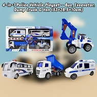 4-in-1 Police Vehicle Playset – Bus, Excavator, Dump Truck & Van (53×28.5×10cm)