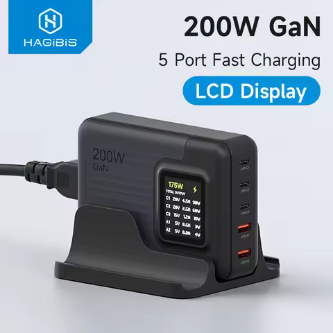 Hagibis 200W USB C Charger 5 Ports GaN Desktop Charger with LCD Display Fast Charging Station For Ma