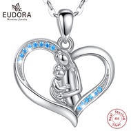 Eudora 925 sterling silve  Mother and Baby Heart Blue CZ Pendant Necklace Jewelry Friends Birthday M