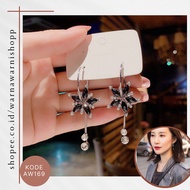 Korean Long Tassel Earrings with Black Star Flower Accent and Imitation Diamond Decoration Long Tass