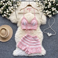 Sweet Hot Girl Vacation Style Suit Female chic Hollow Crochet Halterneck Strappy Vest+High Waist 706