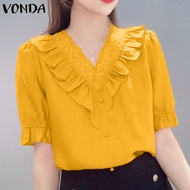 เสื้อคอวีมีระบายลูกไม้ของผู้หญิง VONDA เสื้อหนาประกบกันสไตล์ผู้หญิงคอวีเสื้อปลายแขนบาน (ลำลองเกาหลี)
