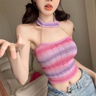 Gradient color striped knitted camisole women's summer new style sweet hottie sexy halter neck short tube top