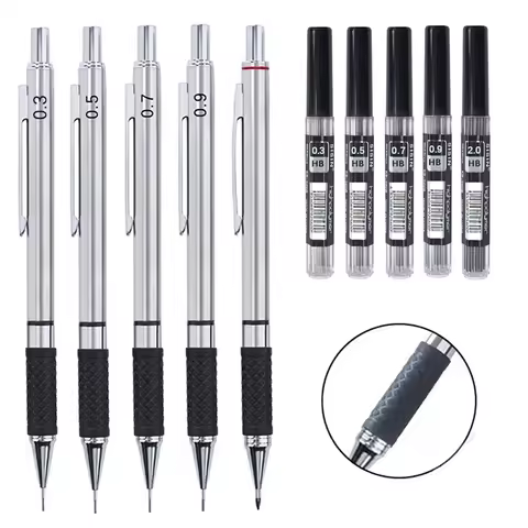 Metal Mechanical Pencil 0.3/0.5/0.7/0.9/2.0mm HB Automatic Pencil with Protective Cover Office Schoo