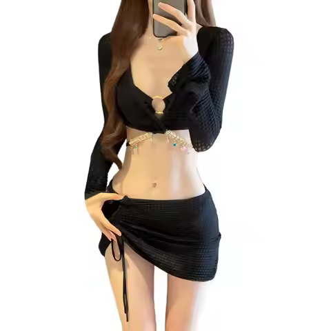 3 Piece Bikini Set Long Sleeve Halter Ring Bikini Sets Bathing Suit With Cover Up Skirt Bikini Sets 