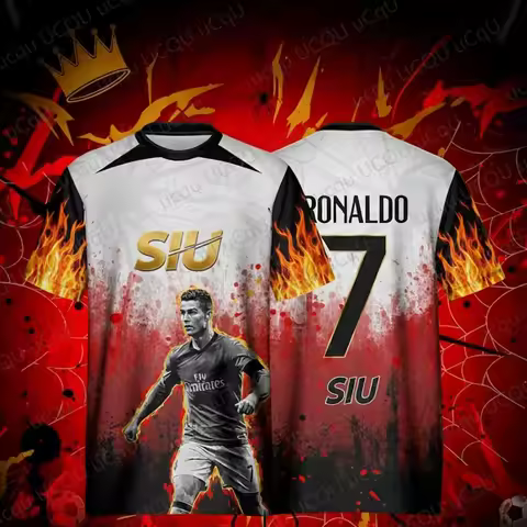 AI Design Ronaldo 7 SIU Fire Sleeve Jersey Custom Football Shirt Red Black Gradient Graphic Top Men 